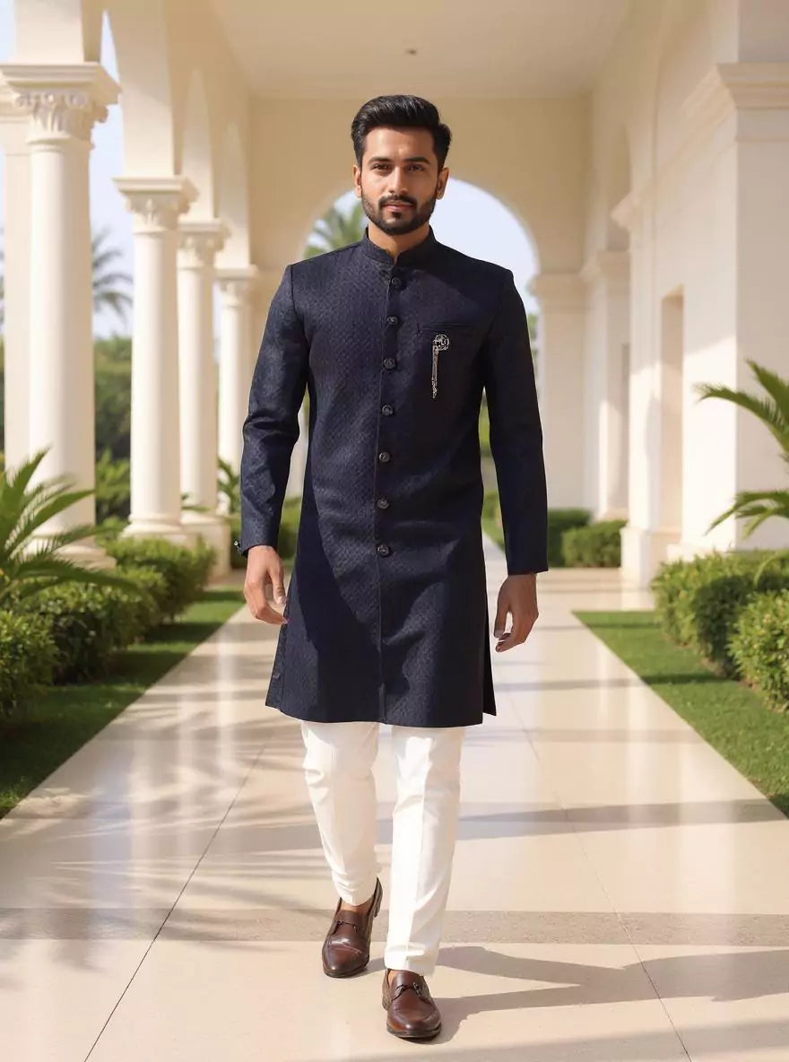 Navy Blue Self Weaving Jacquard Semi-Indo
