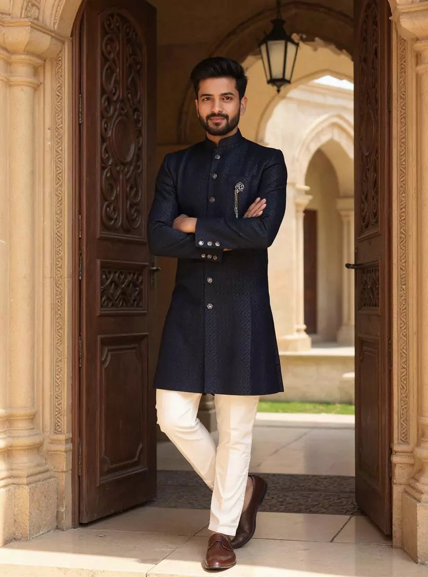 Navy Blue Self Weaving Jacquard Semi-Indo