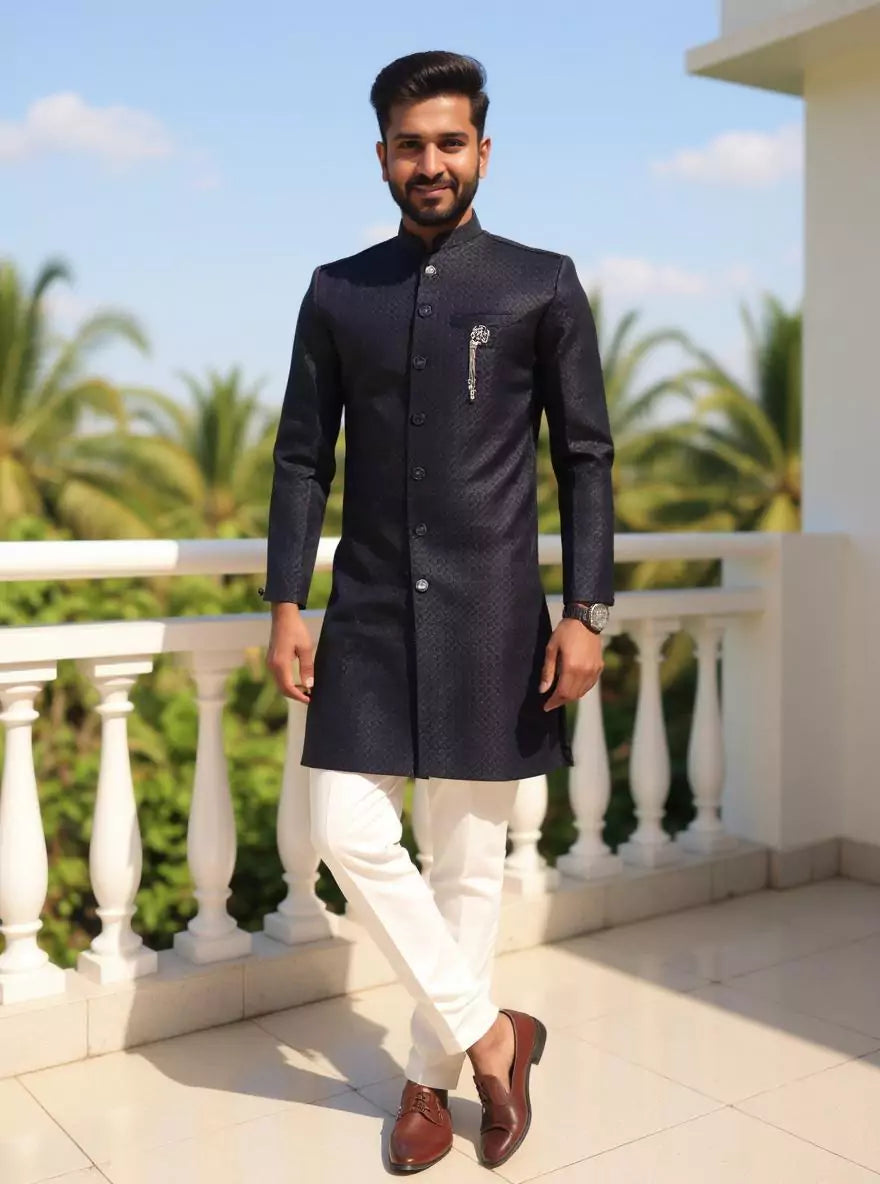 Navy Blue Self Weaving Jacquard Semi-Indo