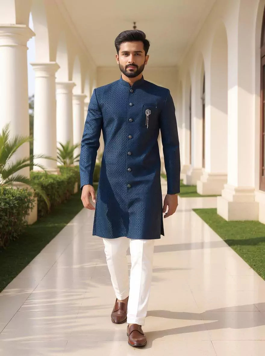 Peacock Blue Self Design Jacquard Semi-Indo