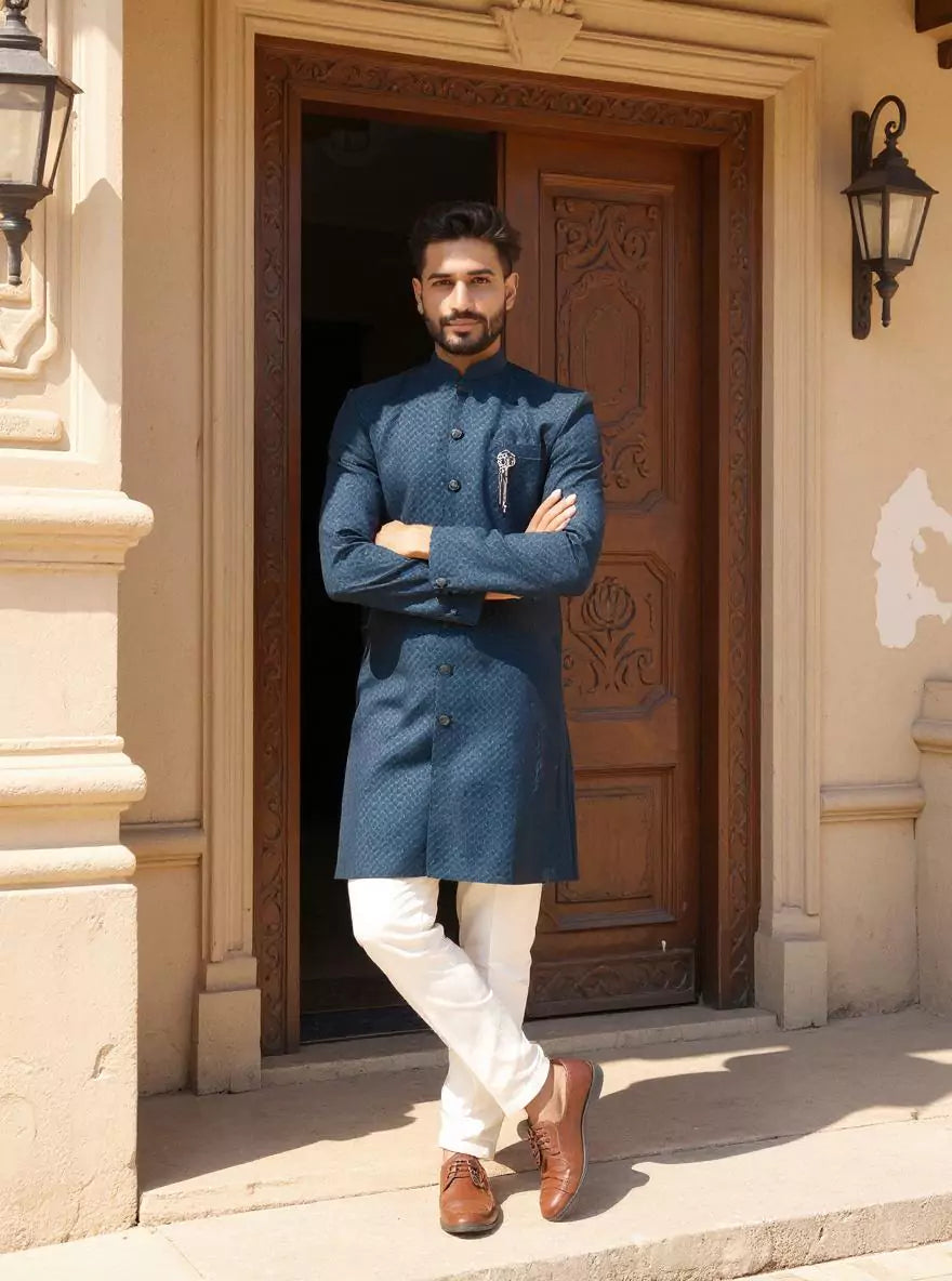 Peacock Blue Self Design Jacquard Semi-Indo