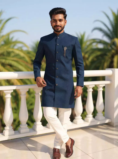 Peacock Blue Self Design Jacquard Semi-Indo