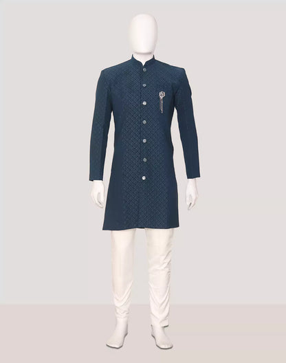 Peacock Blue Self Design Jacquard Semi-Indo