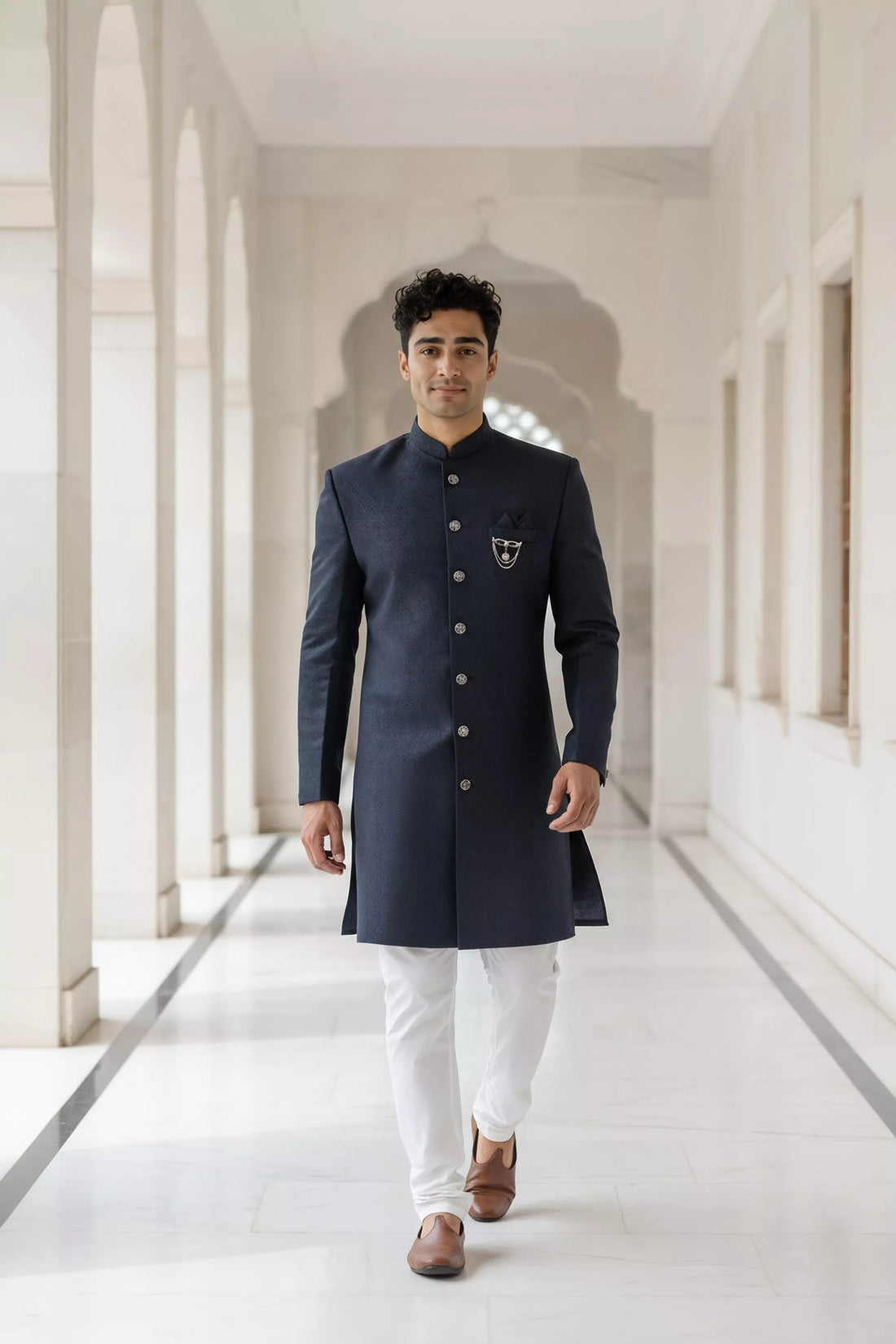 Navy Coloured Jacquard Self Design Semi Indo