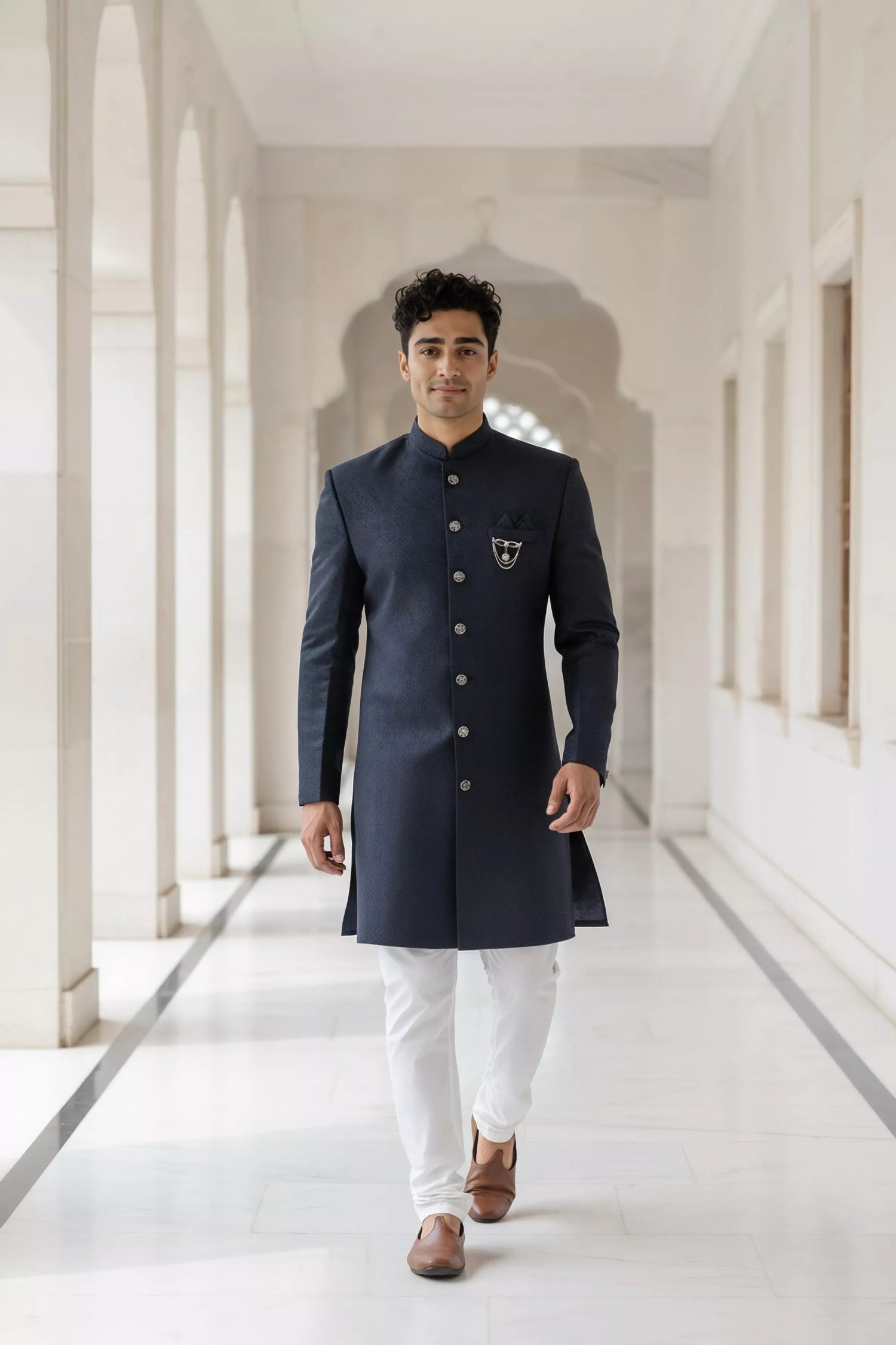 Navy Coloured Jacquard Self Design Semi Indo