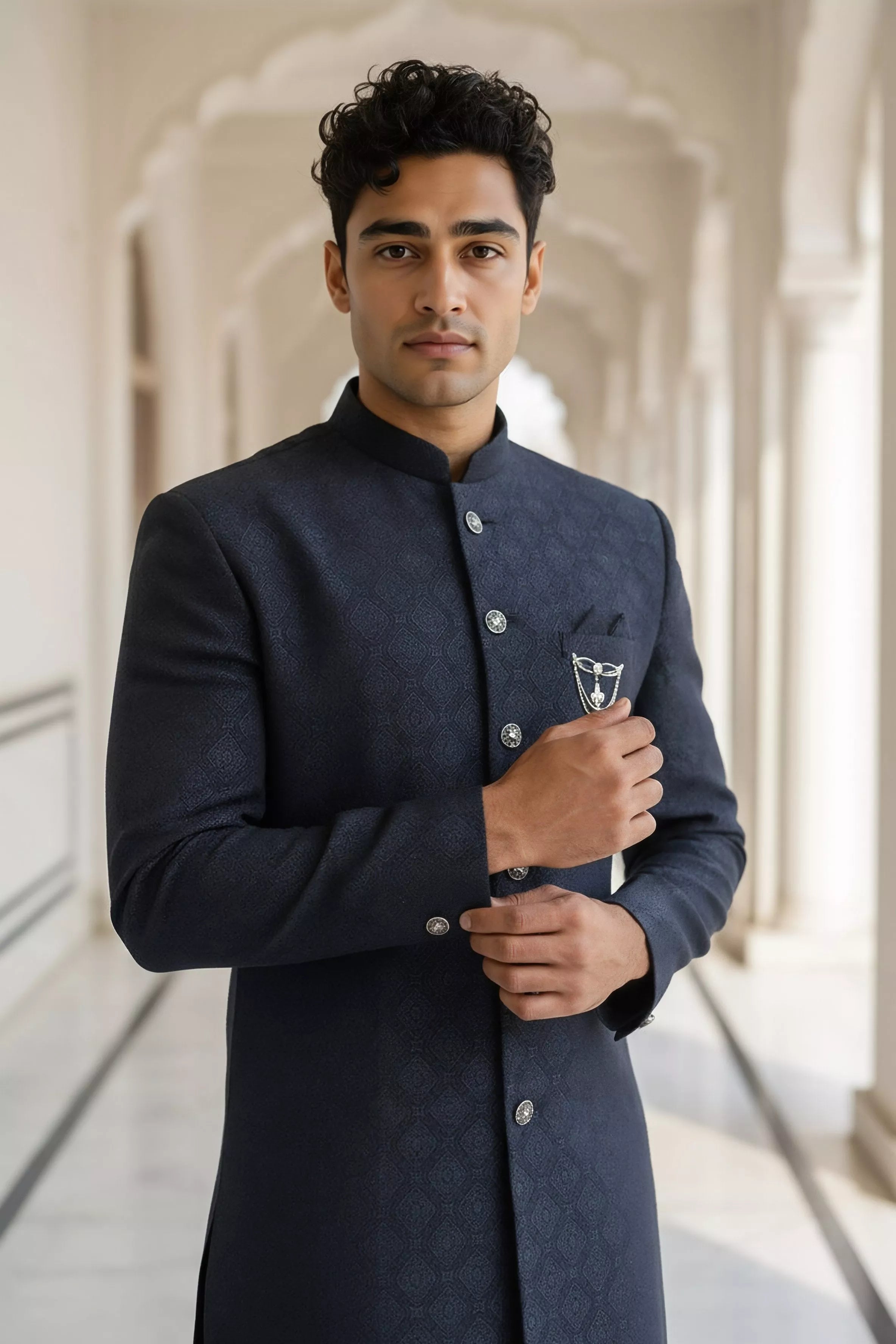 Navy Coloured Jacquard Self Design Semi Indo