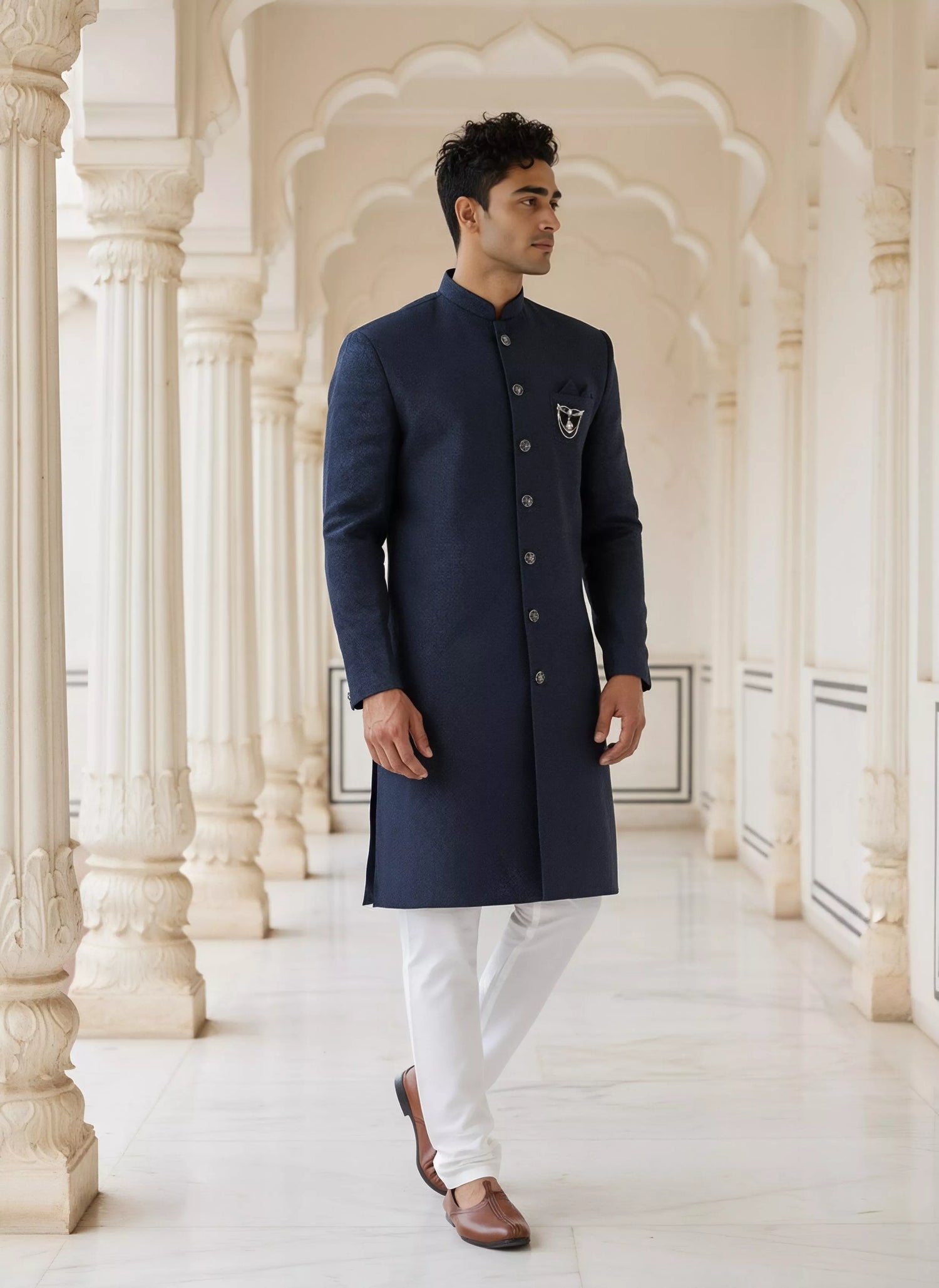 Navy Coloured Jacquard Self Design Semi Indo