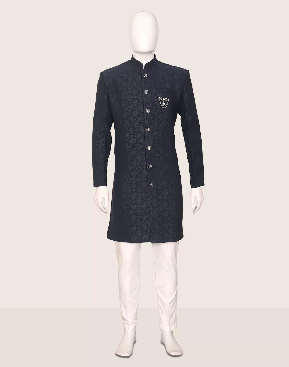 Navy Coloured Jacquard Self Design Semi Indo