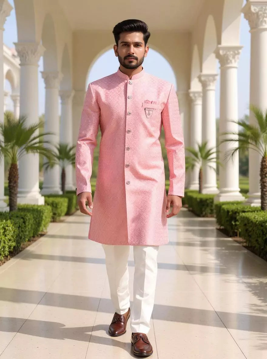 Peach Self Patterned Jacquard Semi-Indo