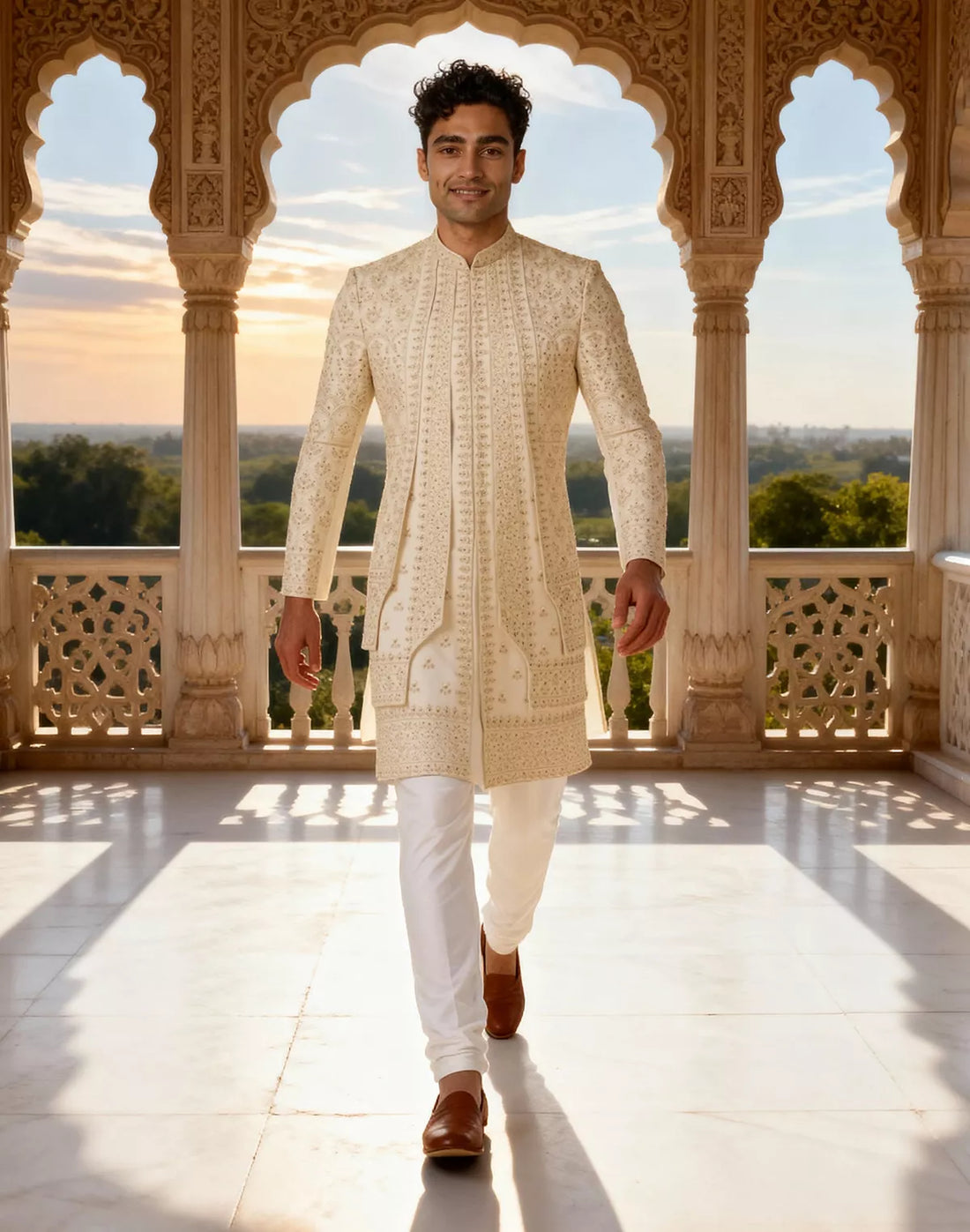 Cream Heavy Stones work Swed Cotton Sherwani