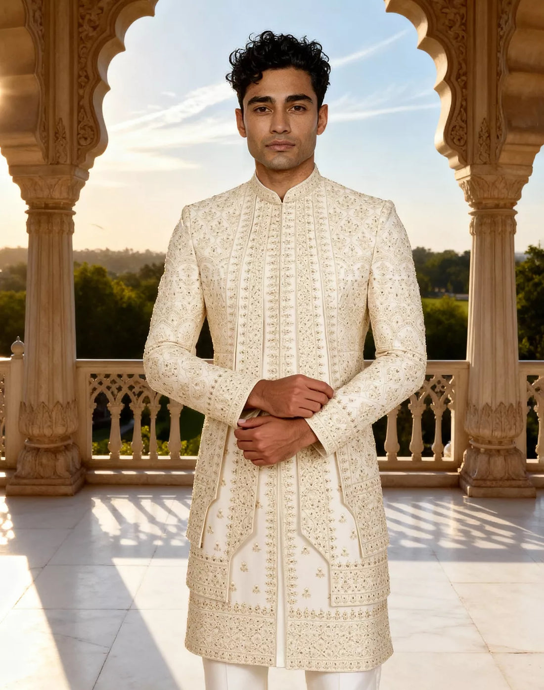 Cream Heavy Stones work Swed Cotton Sherwani