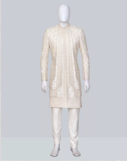 Cream Heavy Stones work Swed Cotton Sherwani