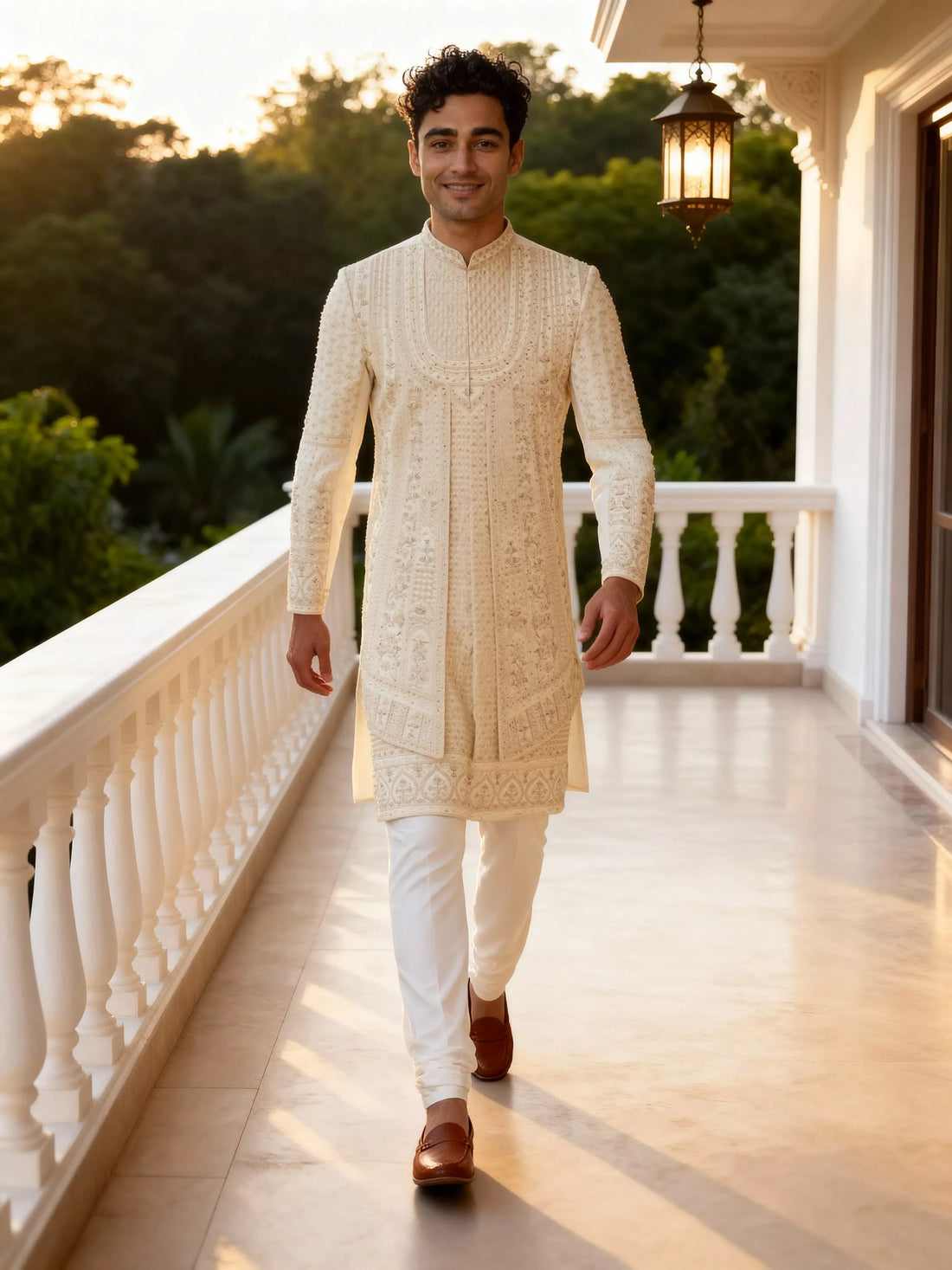Embroidered with Stones Swed Cotton Sherwani in Cream
