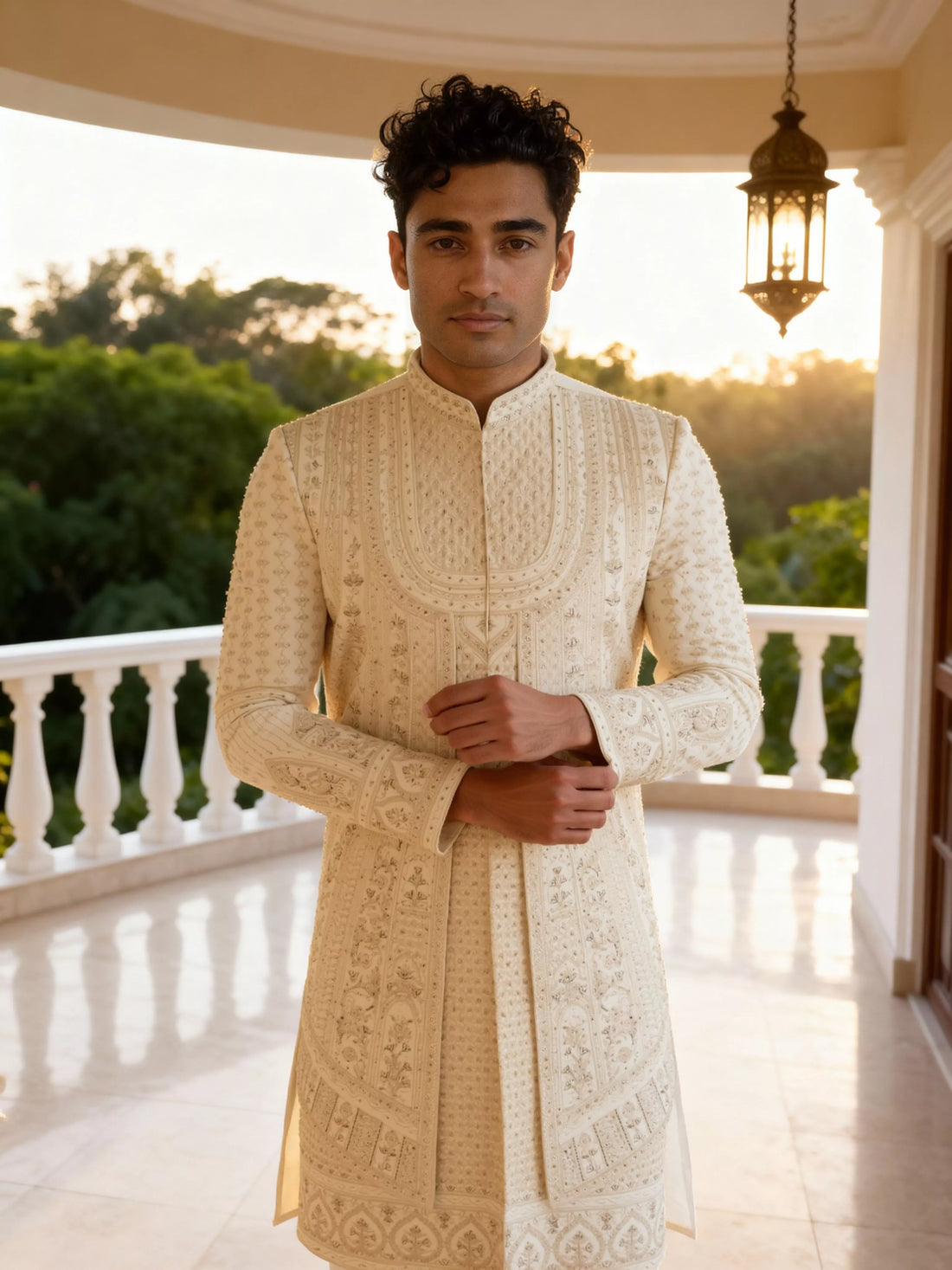 Embroidered with Stones Swed Cotton Sherwani in Cream