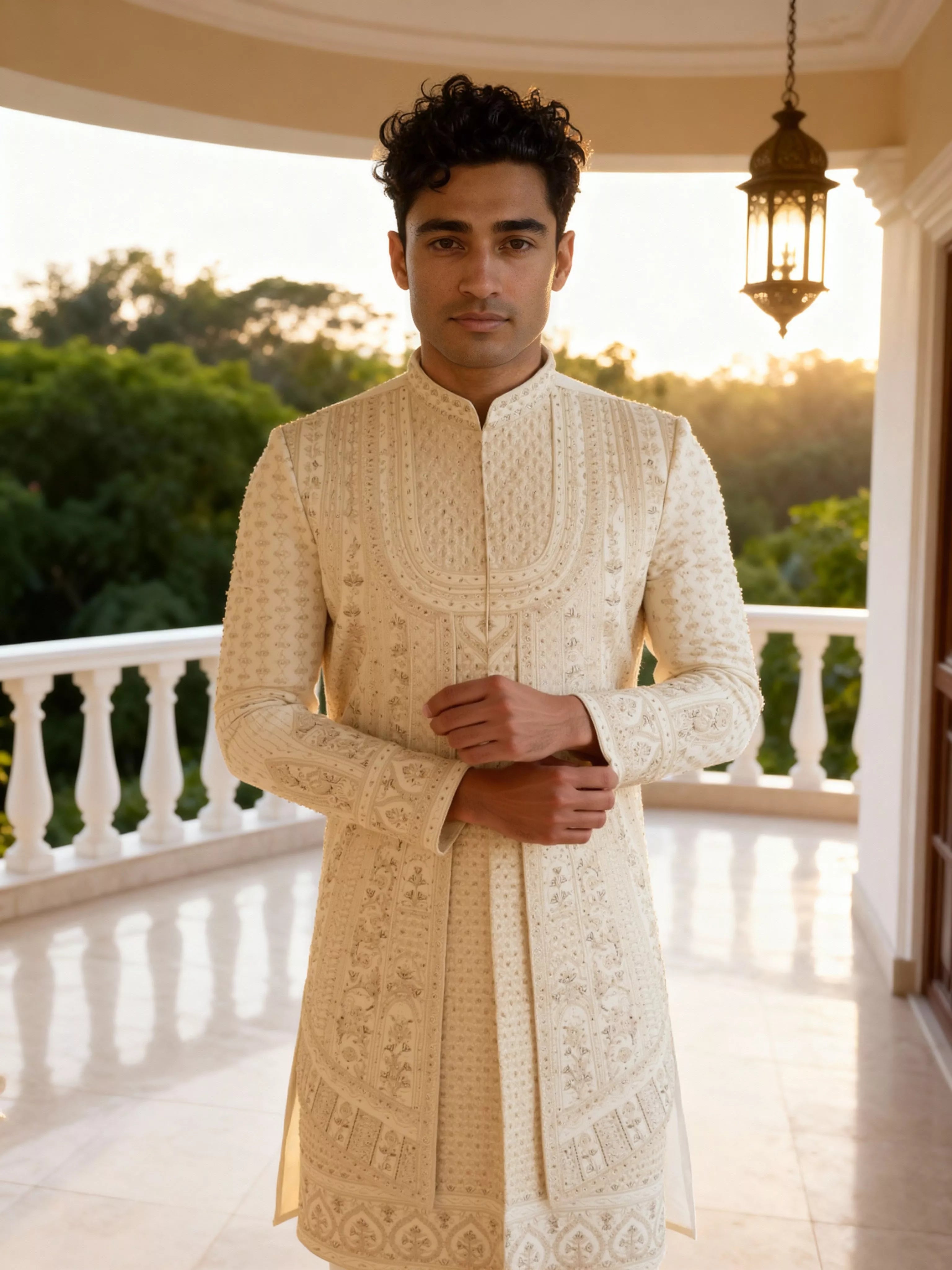 Embroidered with Stones Swed Cotton Sherwani in Cream