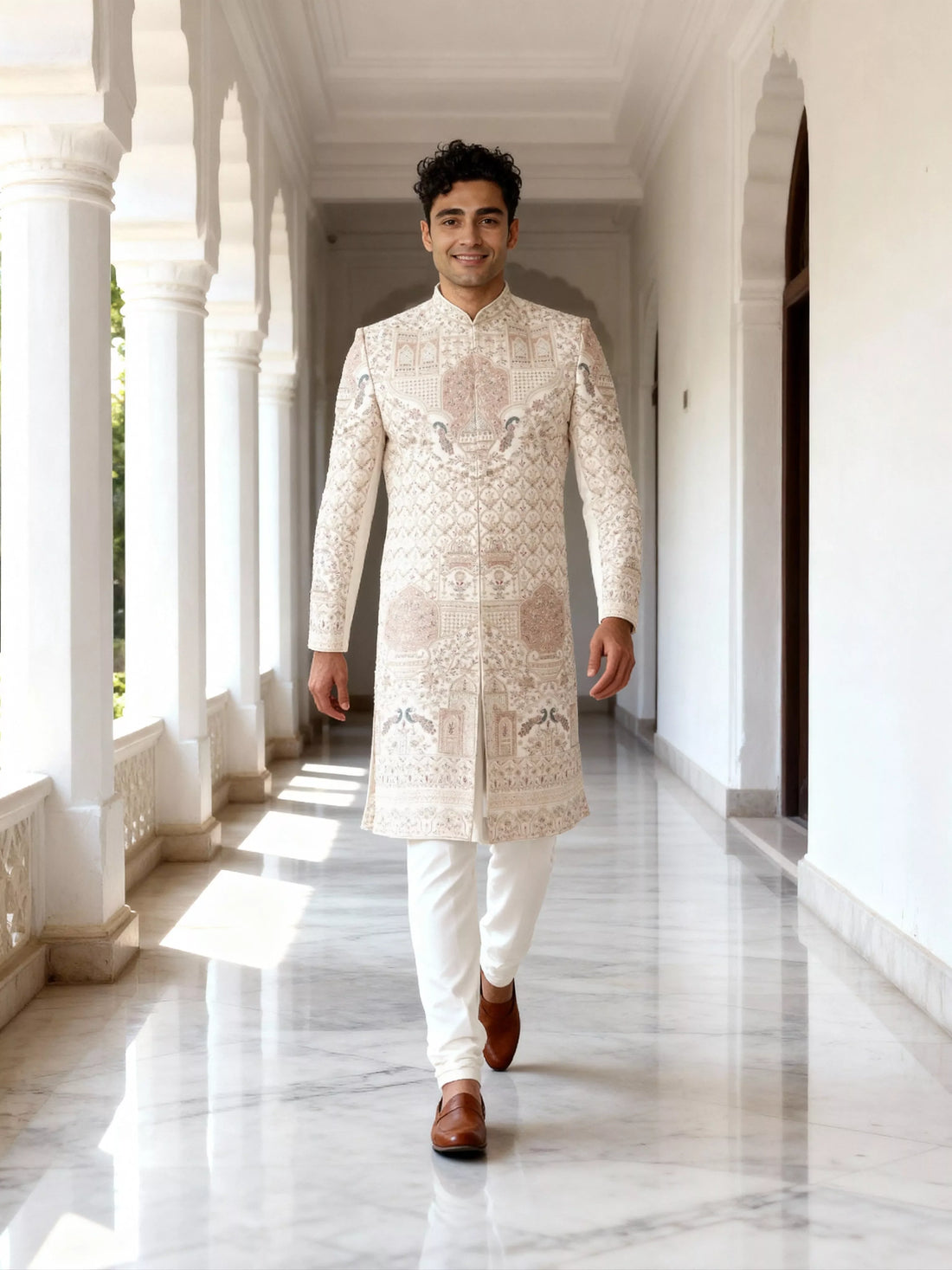 Warm White Floral Resham and Swarovski Stones work Raw Silk Sherwani