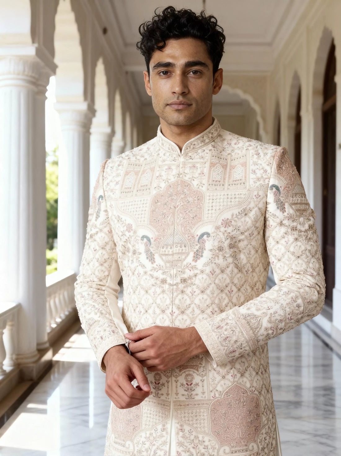 Warm White Floral Resham and Swarovski Stones work Raw Silk Sherwani