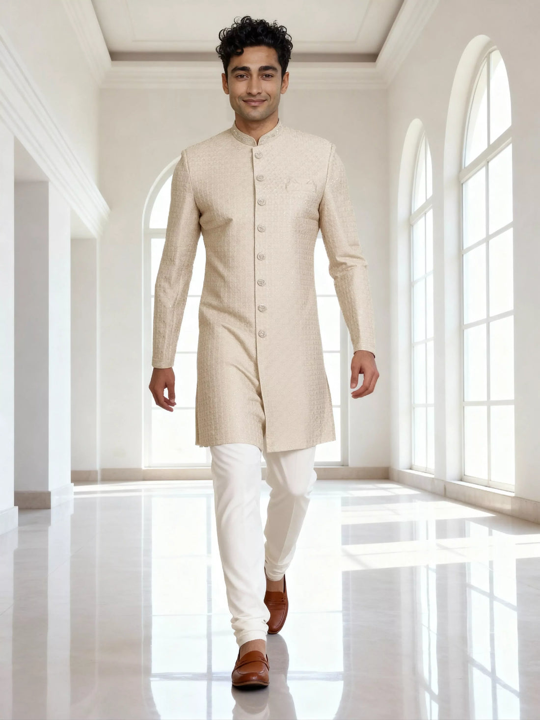 Cream Thread Embroidered Cotton Silk Sherwani