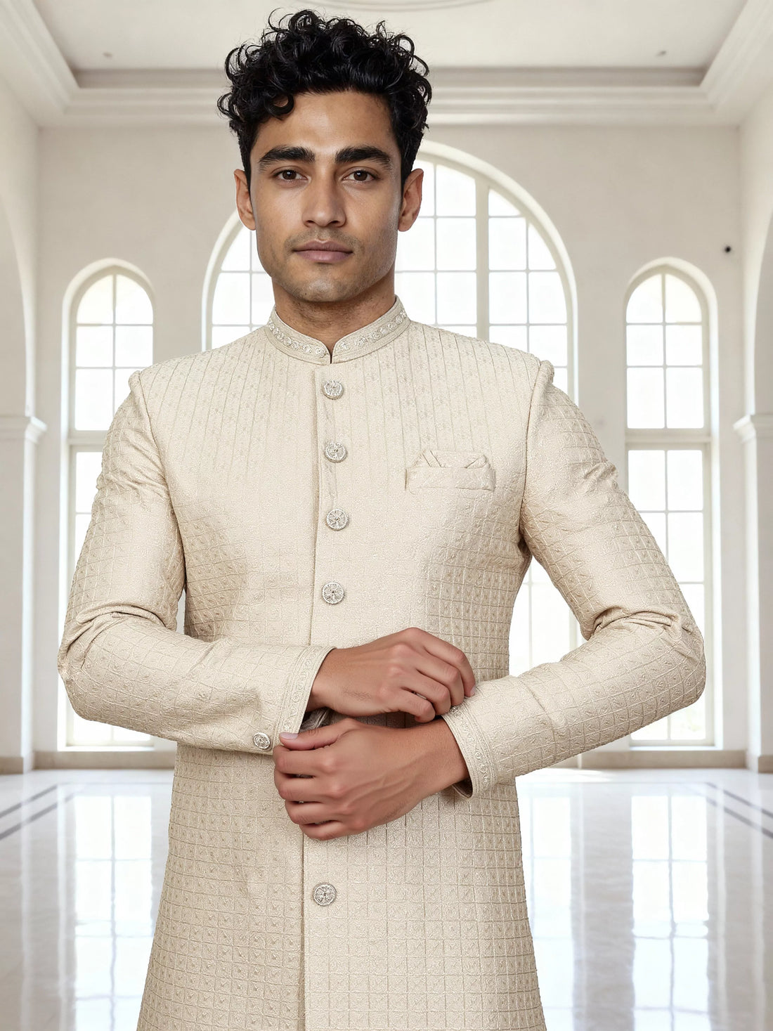 Cream Thread Embroidered Cotton Silk Sherwani