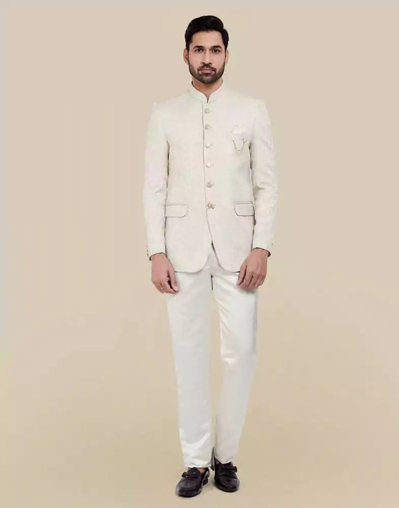 Cream Self Textured Plain Bandhagala Set