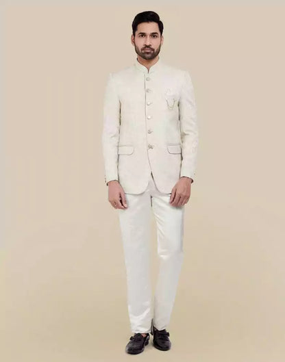 Cream Self Textured Plain Bandhagala Set