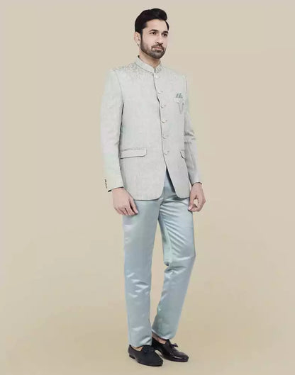 Peacock Blue Self Textured Plain Bandhagala Set