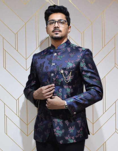 Exquisitely Navy Blue Floral Jute Weave Jodhpuri Suit Set
