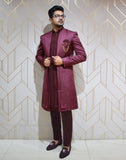 Designer Wine colour Self Design Jacquard Weave Indo western set