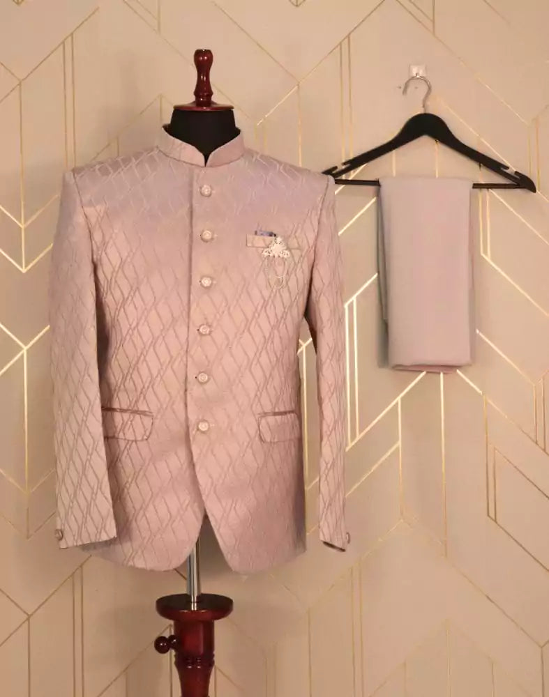 Pink Geometric Jacquard Weave Jodhpuri Suit Set