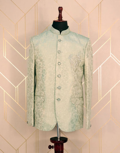 Pista Green Self Design Jacquard Zarodosi Embroidery Jodhpuri Suit Set