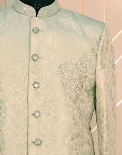 Pista Green Self Design Jacquard Zarodosi Embroidery Jodhpuri Suit Set