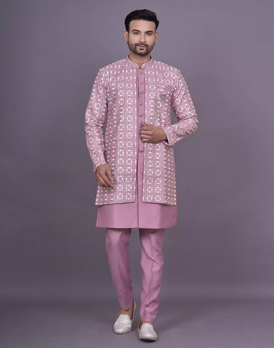 Lavender Thread Embroidery Design Floral Soft Silk Kurta Jacket Set