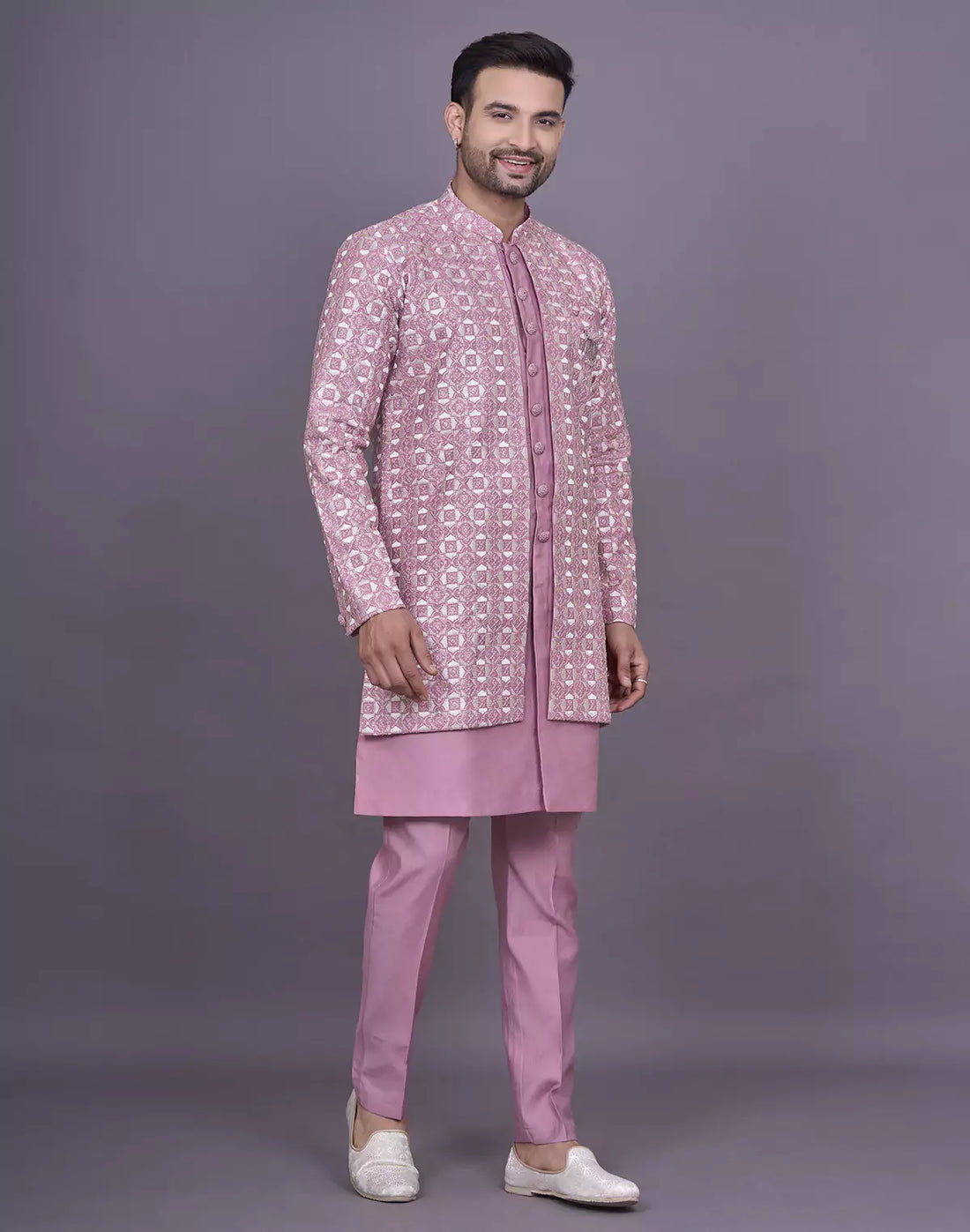 Lavender Thread Embroidery Design Floral Soft Silk Kurta Jacket Set