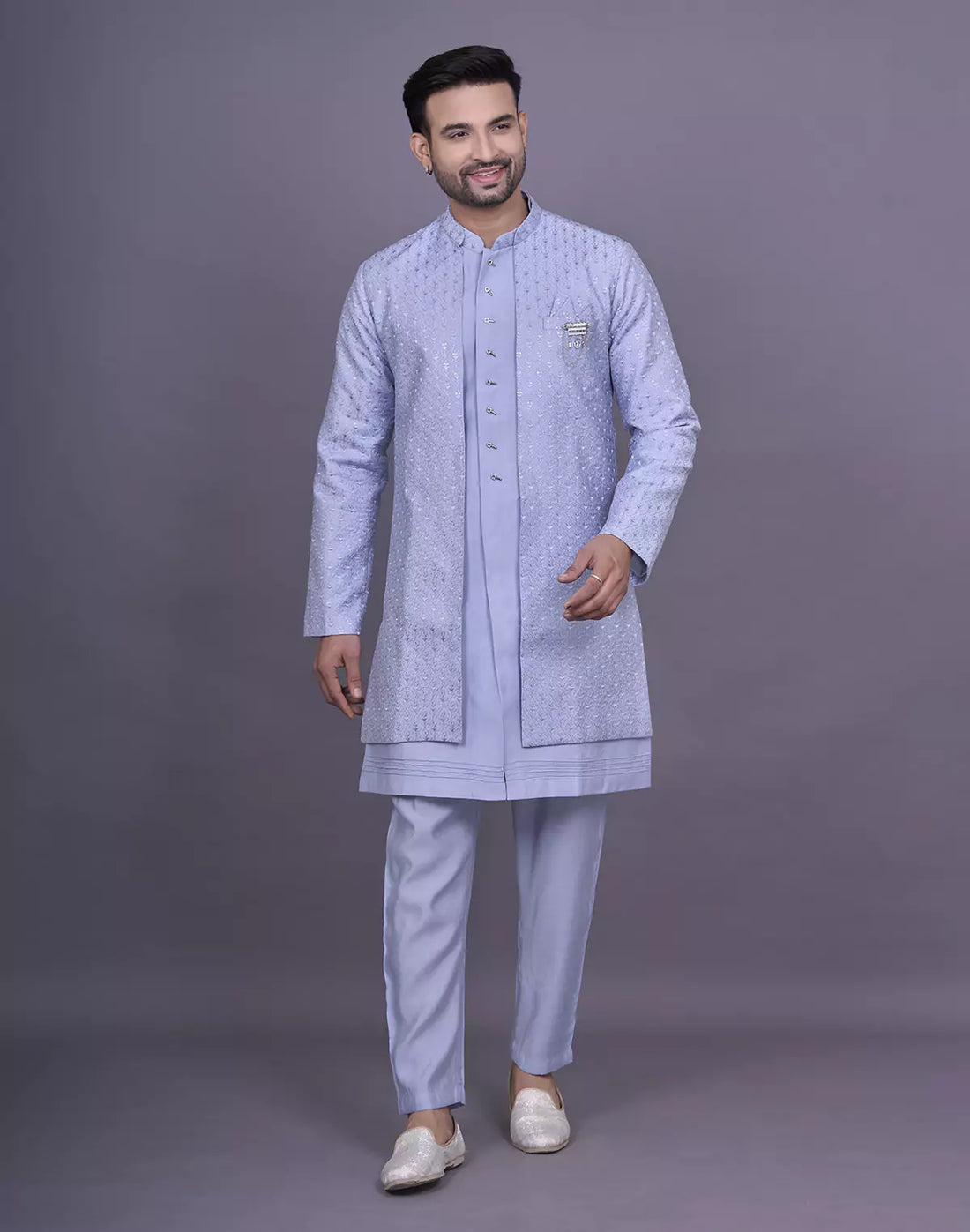 Light Sky Self Thread Embroidery work Soft Silk Kurta Jacket Set