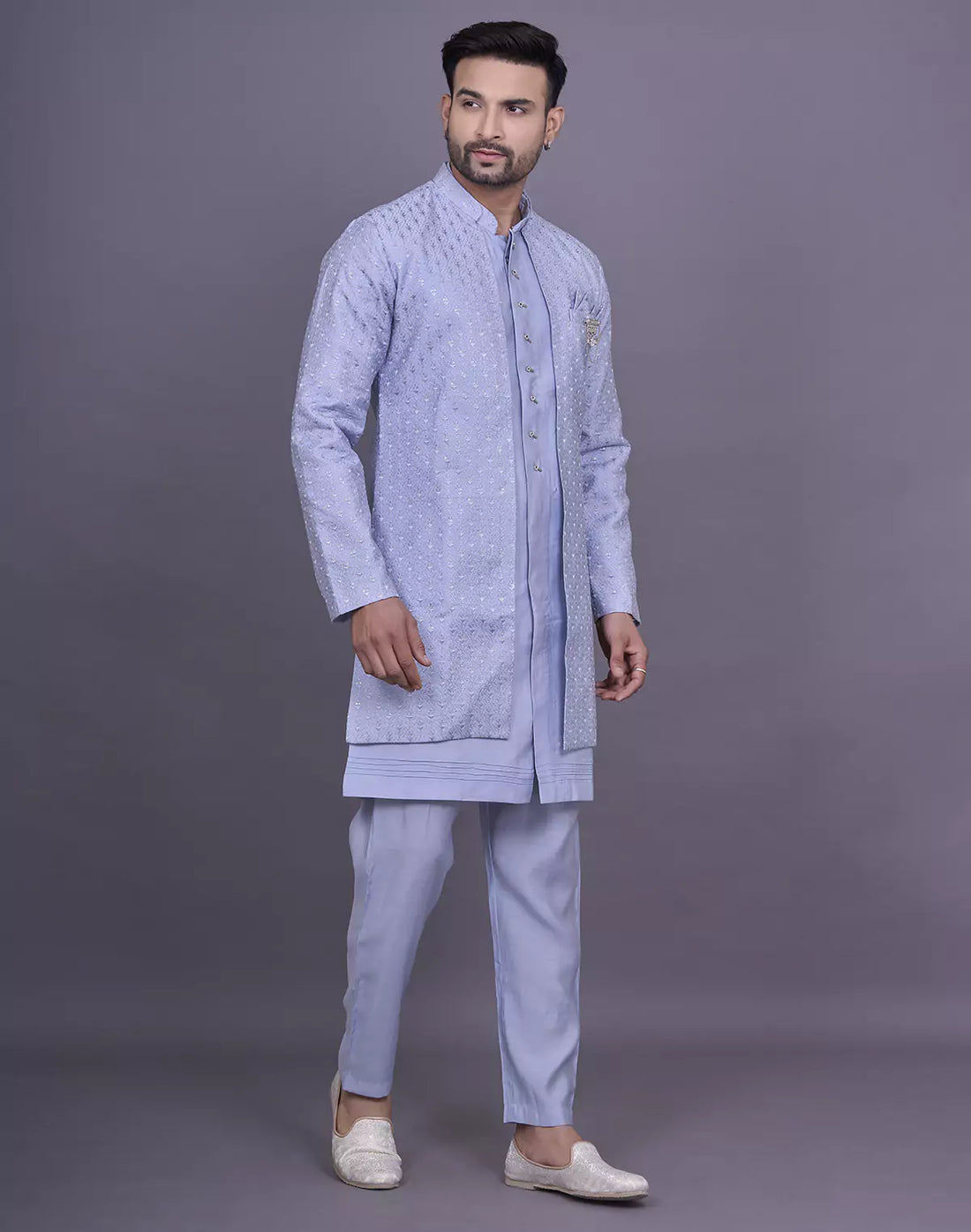 Light Sky Self Thread Embroidery work Soft Silk Kurta Jacket Set
