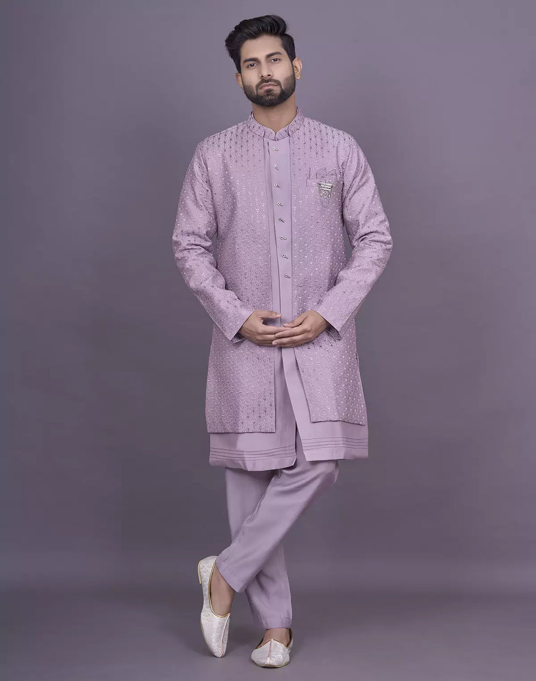 Onion Self Thread Embroidery work Soft Silk Kurta Jacket Set