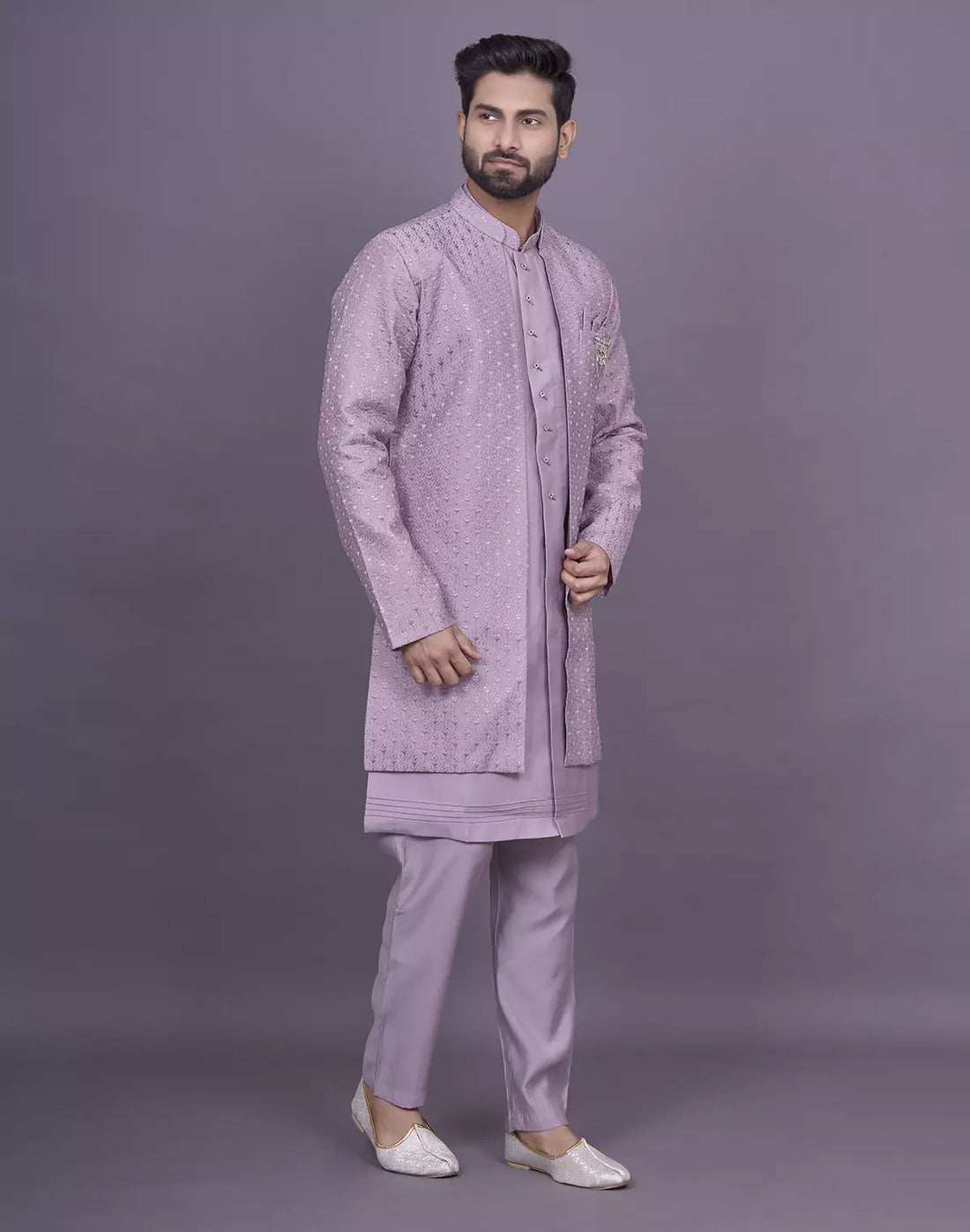 Onion Self Thread Embroidery work Soft Silk Kurta Jacket Set