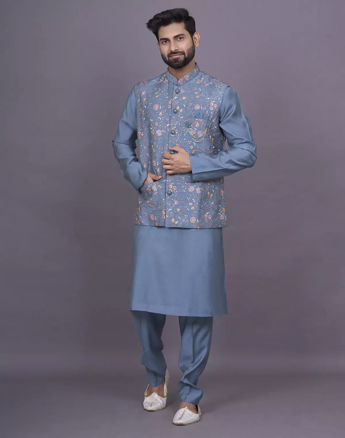Peacock Blue Floral Thread Embroidery work Soft Silk Kurta Jacket Set