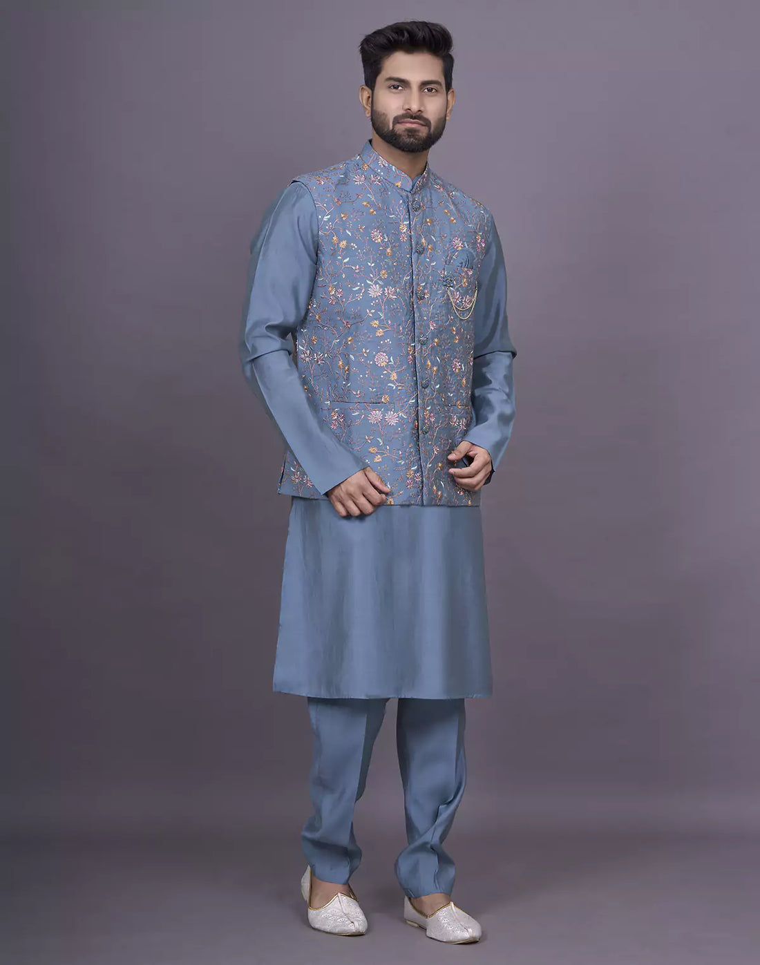 Peacock Blue Floral Thread Embroidery work Soft Silk Kurta Jacket Set
