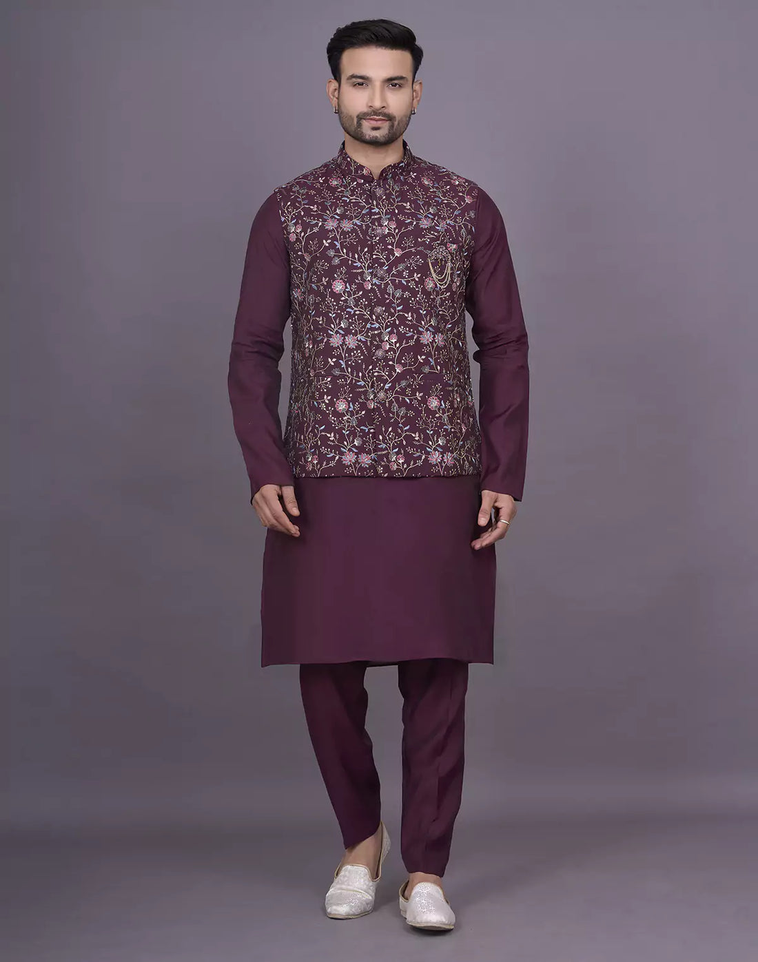 Wine Floral Thread Embroidery work Soft Silk Kurta Jacket Set