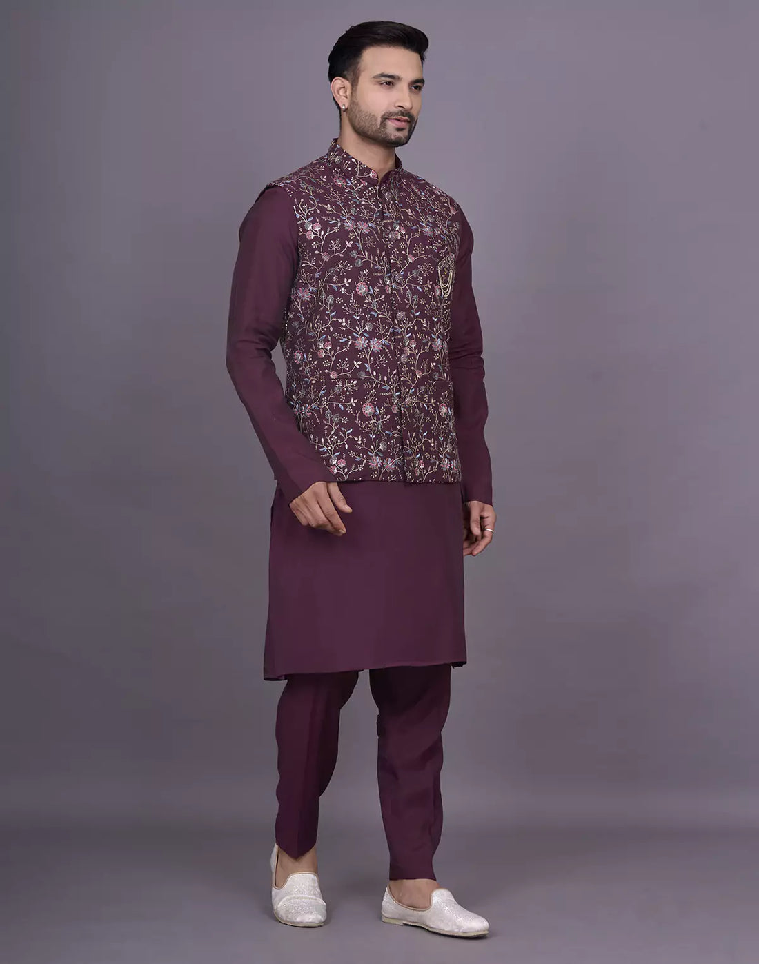 Wine Floral Thread Embroidery work Soft Silk Kurta Jacket Set