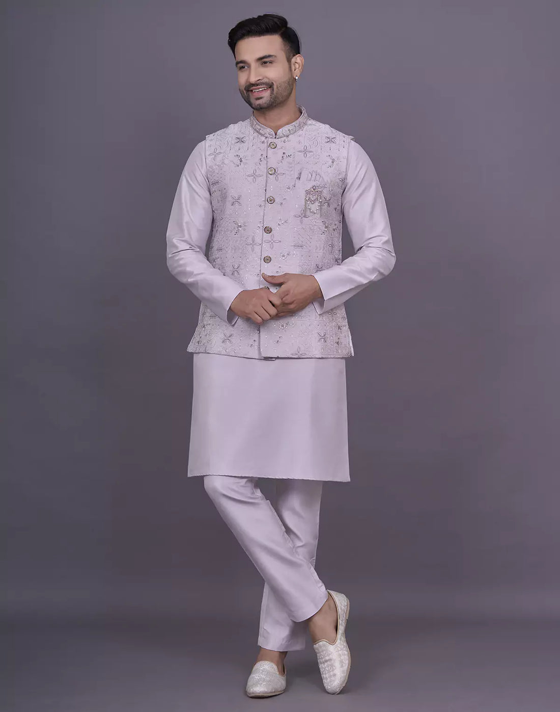 Floral Design Lavender Thread Embroidery work Raw Silk Kurta Jacket Set