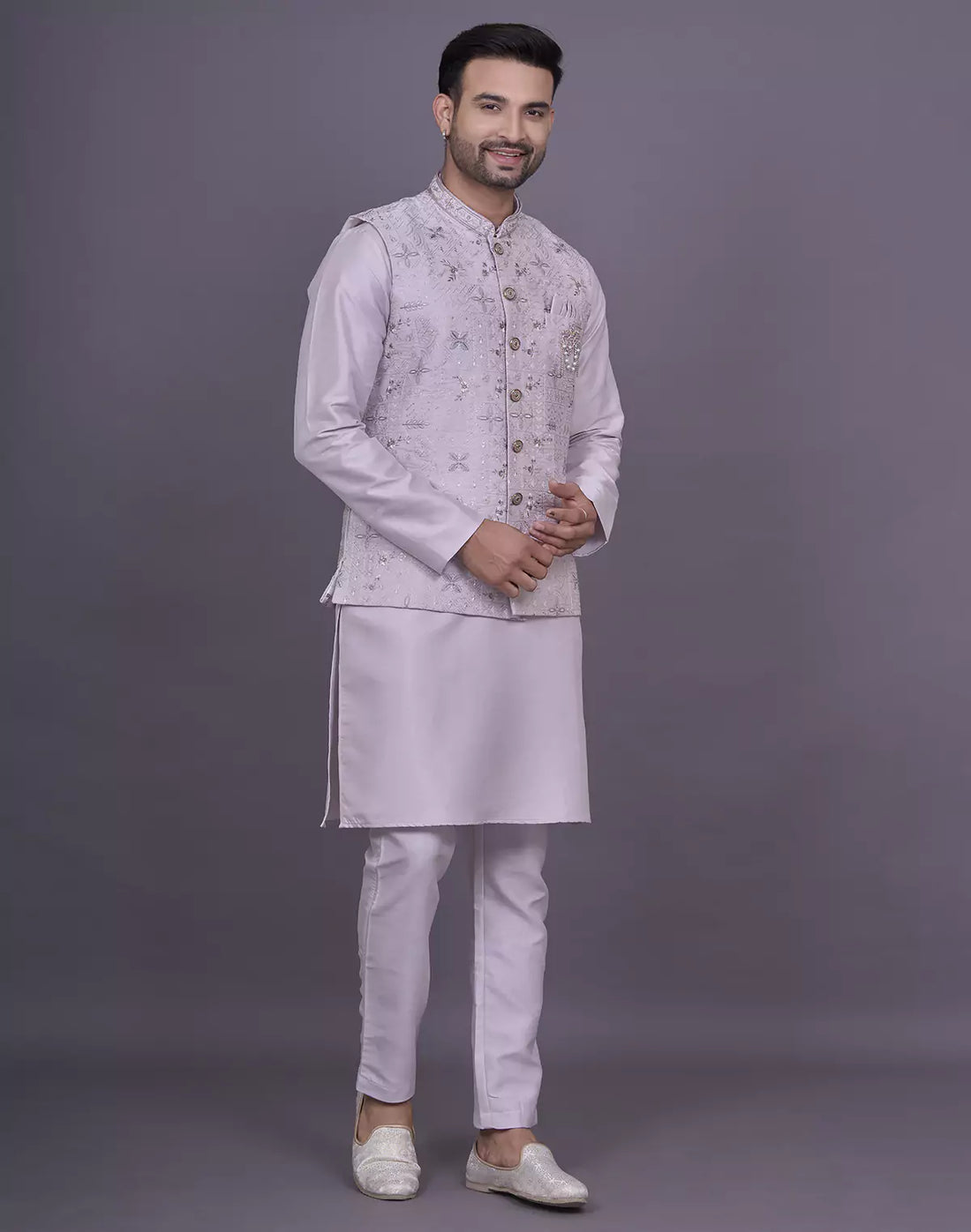 Floral Design Lavender Thread Embroidery work Raw Silk Kurta Jacket Set