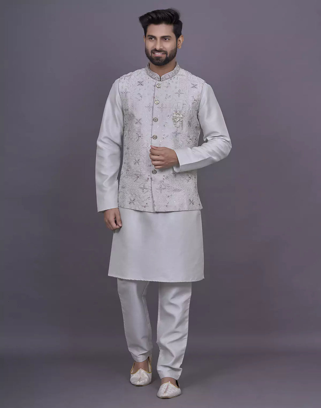 Floral Design Light Pista Thread Embroidery work Raw Silk Kurta Jacket Set
