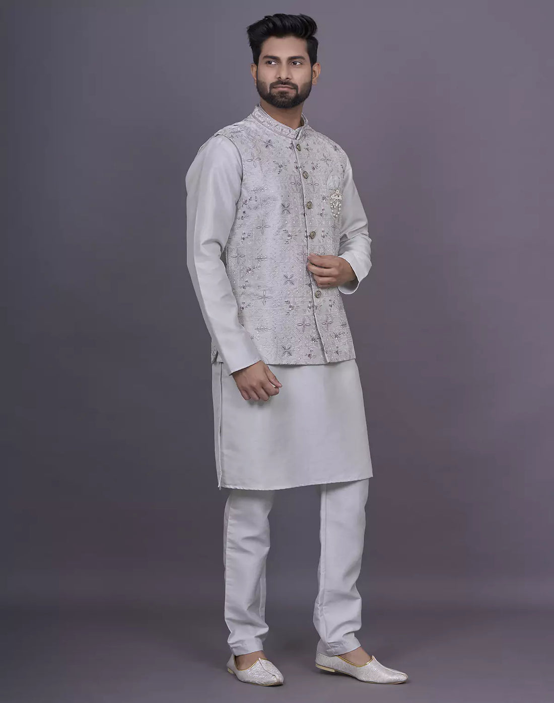 Floral Design Light Pista Thread Embroidery work Raw Silk Kurta Jacket Set