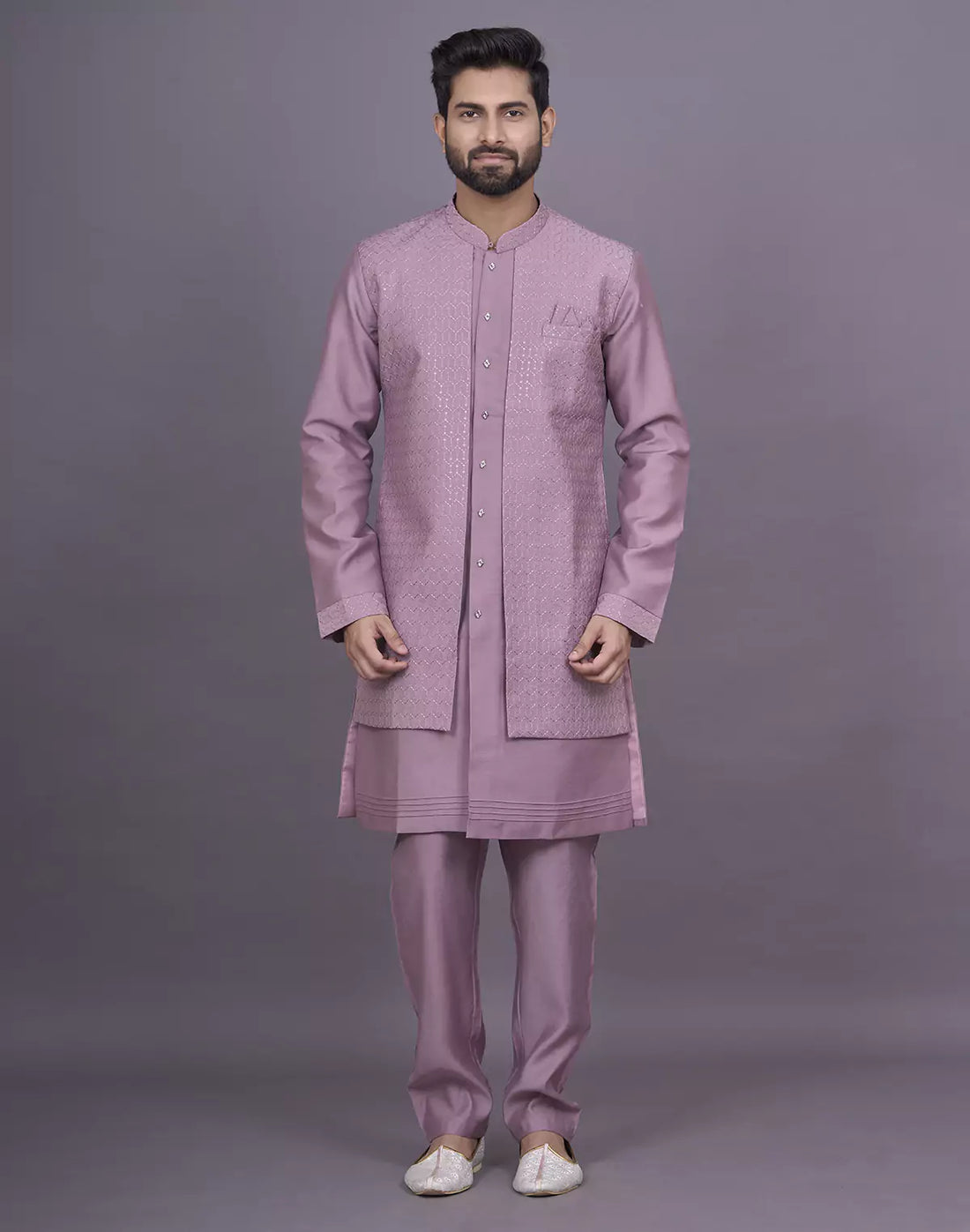 Decent Onion Coloured Self Thread Embroidery work Soft Silk Kurta Jacket Set