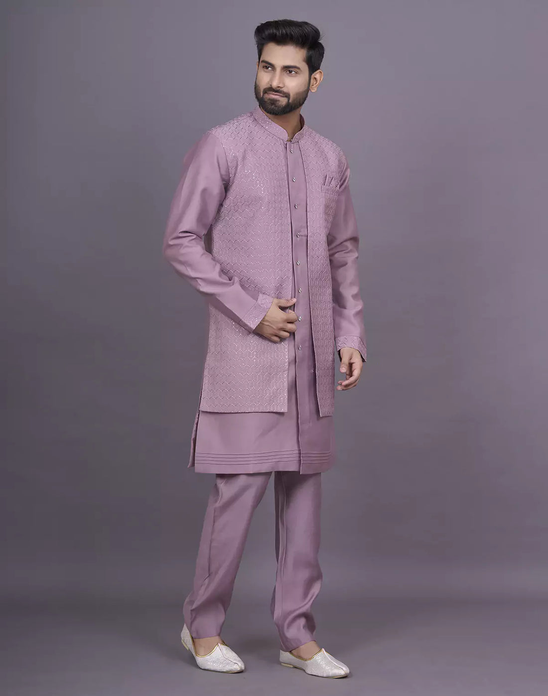 Decent Onion Coloured Self Thread Embroidery work Soft Silk Kurta Jacket Set