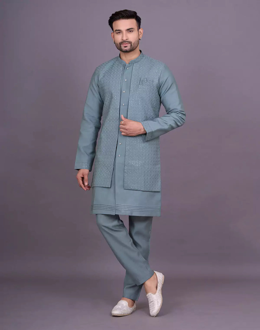 Green Shade Self Thread Embroidery work Soft Silk Kurta Jacket Set