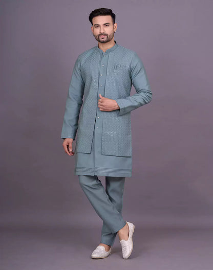 Green Shade Self Thread Embroidery work Soft Silk Kurta Jacket Set
