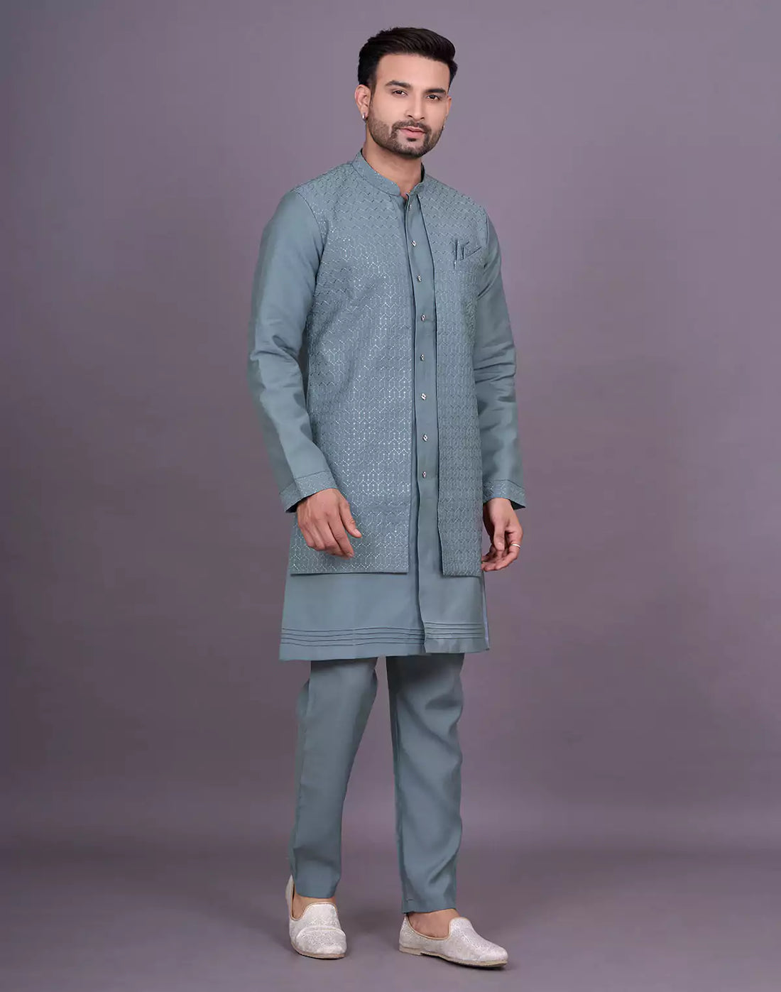 Green Shade Self Thread Embroidery work Soft Silk Kurta Jacket Set